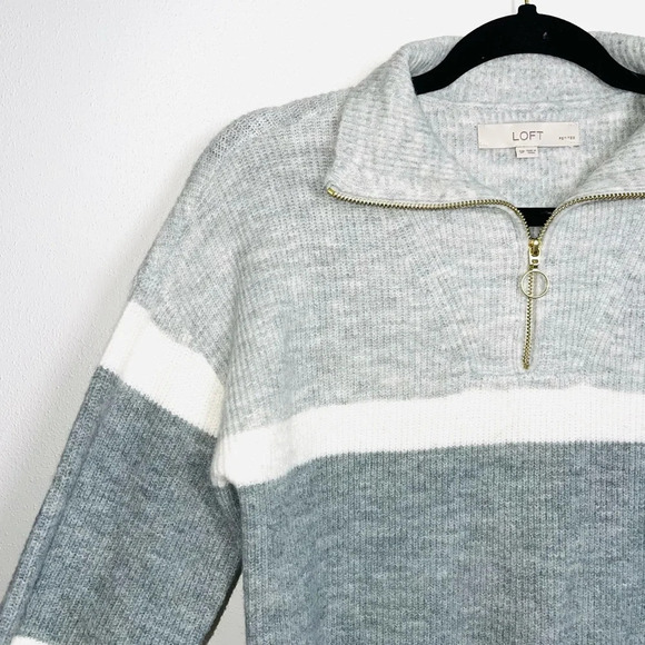LOFT Gray & White Striped Quarter Zip Tunic Sweater Small Petite Women’s - Picture 4 of 12